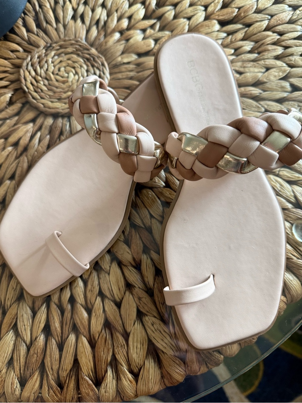 BCBGeneration Pink and Tan Braided Toe-Loop Leti Sandals with Gold Accent NWOT